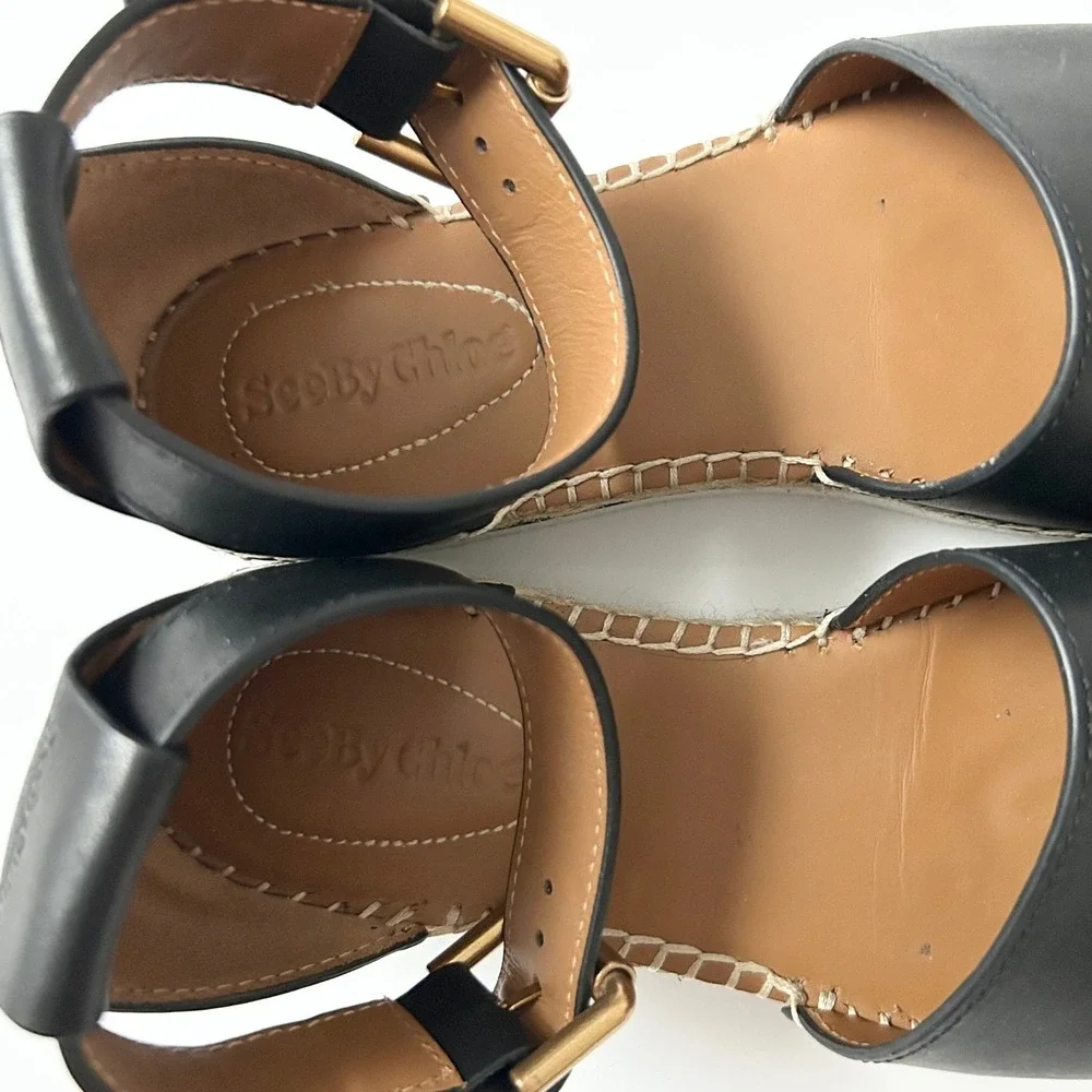 See By Chloe Glyn Black Leather Ankle Strap Espadrille Sandals EU 37 US 7